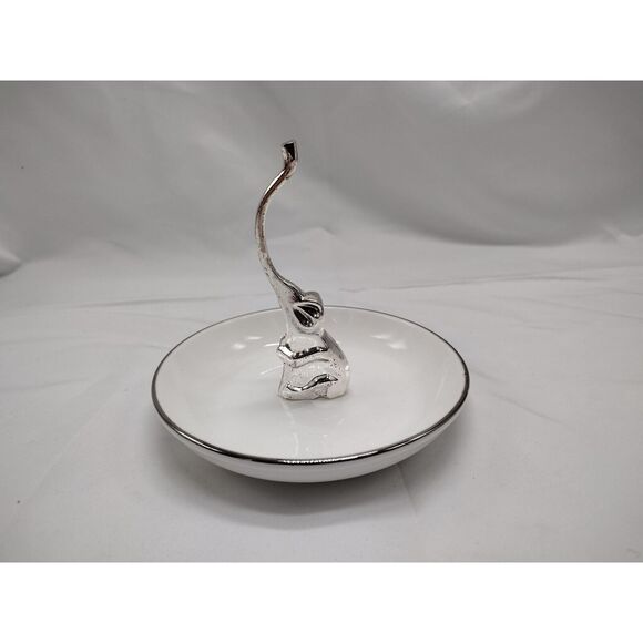 Elephant Ring Trinket Dish White Silver Tone Contemporary Minimalist Glam - Picture 1 of 7